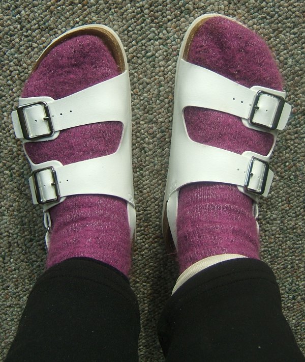 White sandals with purple socks