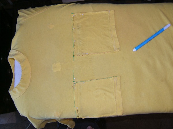 pockets of jersey pinned, ready for first stitching
